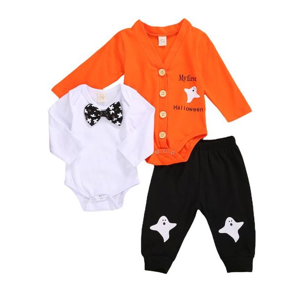 

clothing sets born baby boy halloween gentleman 3pcs suit long sleeve letter print romper+bow-tie romper+pants set fashion outfit, White