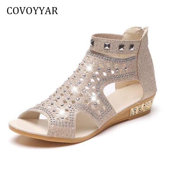 

rhinestone women gladiator sandals peep toe rivets shoes 2021 summer cut out low wedge casual wss293, Black