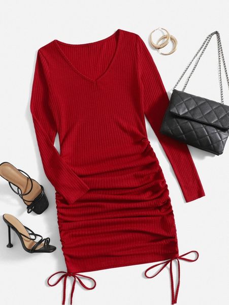 

drawstring side ribbed knit dress k884#, Black;gray