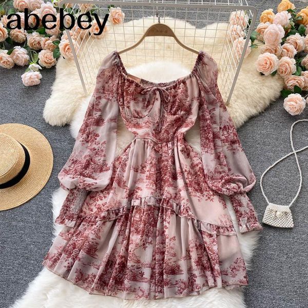 

casual dresses women retro print dress korean style fashion long sleeve a-line chiffon 2021 autumn vacation short, Black;gray