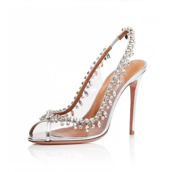 

crystal wedding pumps woman high heels summer peep toe female sandals slip on transparent patchwork party dress shoes, Black