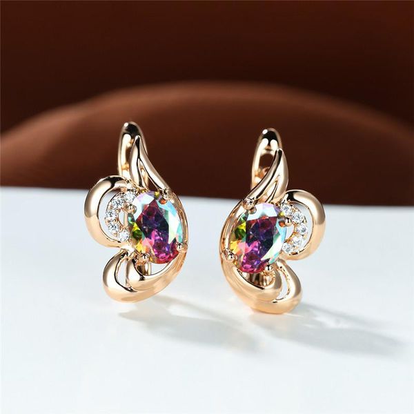 

hoop & huggie boho rose gold color wedding earrings multicolor crystal small rainbow zircon oval stone flower for women, Golden;silver