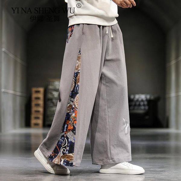 

ethnic clothing cotton linen wide leg pants mens chinese style patchwork vintage man leisure trousers kinono summer harem fashion, Red