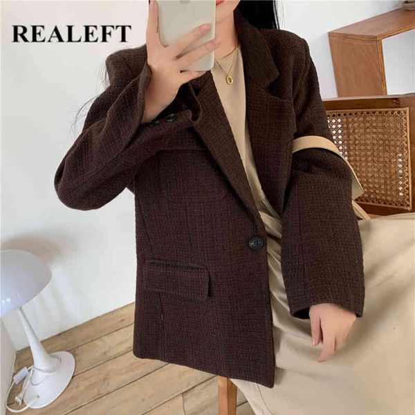 

autumn winter vintage woolen warm formal women blazer long sleeve single button turn down collar female coats 210428, White;black