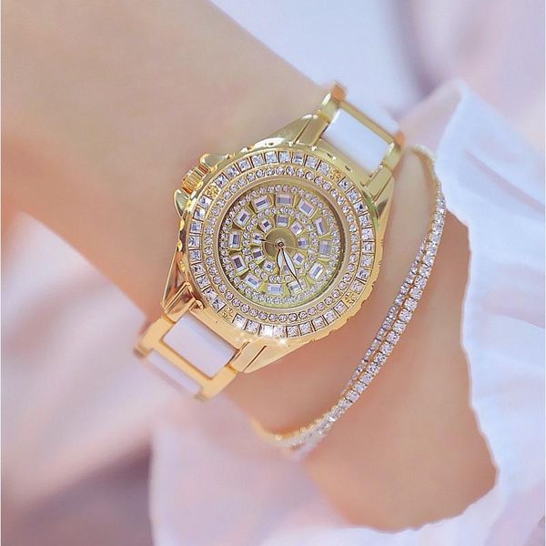 Relógios de pulso BS Gold Color Senhoras Luxo Relógio Diamante Inteiro Dial Big Dial Mulheres Relógios Menina Moda Casual Montre Femme