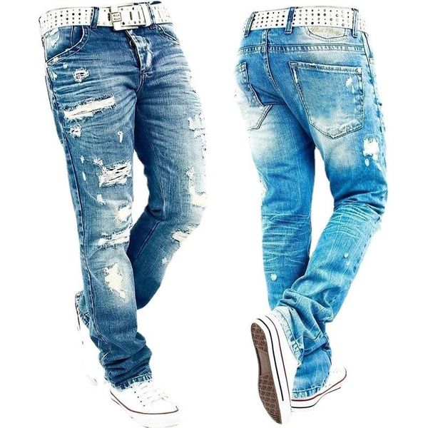 

men's jeans slim straight hole washed large trousers, Blue