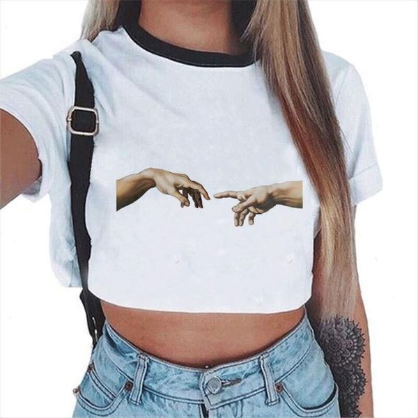 

summer michelangelo personality printed womens harajuku short sleeved fashion vintage plus size, White