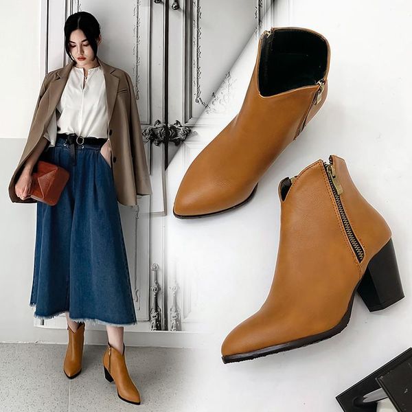 

boots ymechic fashion 2021 winter zipper black yellow block high heel womens shoes pointed toe heels ankle bootie plus size