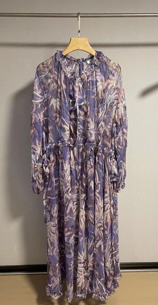 

casual dresses 100% silk women long dress sleeve floral printed o neck elegant luxurious pleated midi 2021 spring autumn robes, Black;gray