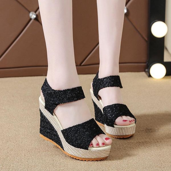 

summer european and american wedge fish mouth sandals women's casual platform high-heeled shoes dress, Black