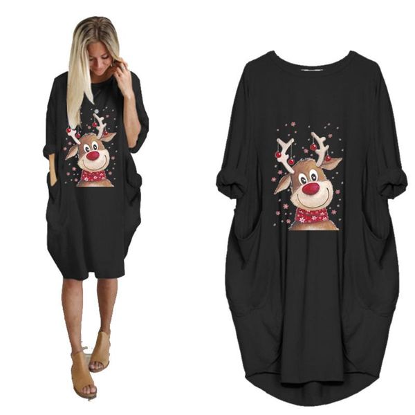

casual dresses fashion plus size for women loose o-neck pocket christmas printed party dress xmas gift female vestido de mujer, Black;gray