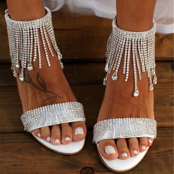 

sandals summer women's luxury crystal tassel high heels bridal wedding shoes white open toe ladies party rhinestones, Black