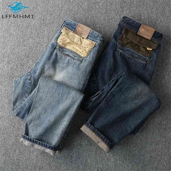 

w36 west american style autumn fashion denim pant heavy weight vintage jeans men washed retro loose casual trouser 210716, Blue