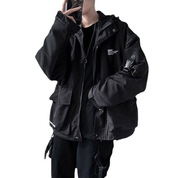 

men's jackets tactical hip hop cargo techwear coats streetwear cardigan casual bomber outerwear hooded letter multi-pocket for men, Black;brown