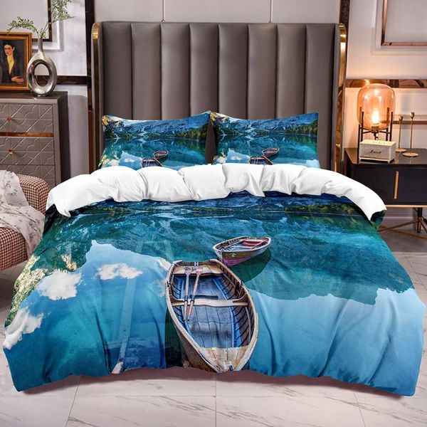 

bedding sets farmhouse duvet cover withpeaceful lake mountain boat 3d print comforter zipper closure quilt bedroom