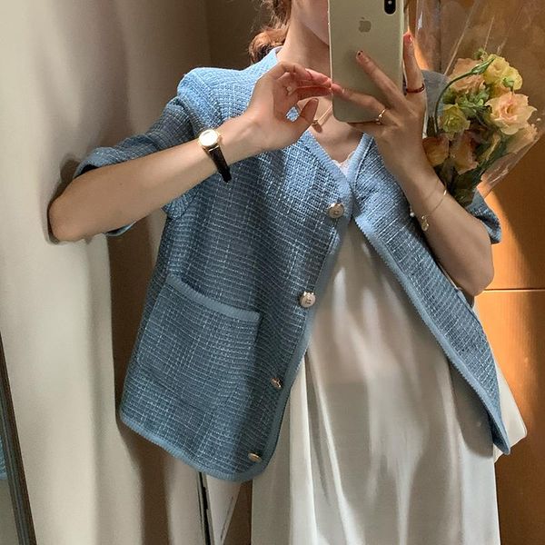 

vintage women cardigan coat 2021 summer korean chic ladies fashion casual plaid slim tweed jacket female woolen outwear women's jackets, Black;brown