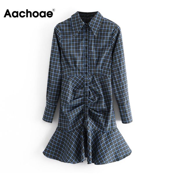 

vintage long sleeve plaid mini dresses women turn down collar office shirt ladies pleated mermaid dress vestidos 210413, Black;gray