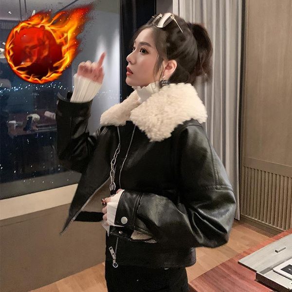

women's leather & faux women winter fur jacket female short pu fleece coats, Black