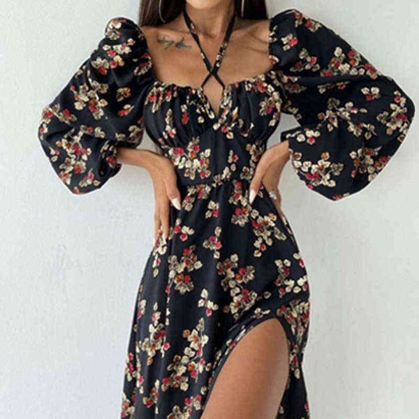 

women criss cross halter long dress new autumn off shoulder high slit office dress 2022 boho style floral print party dress y1204, Black;gray