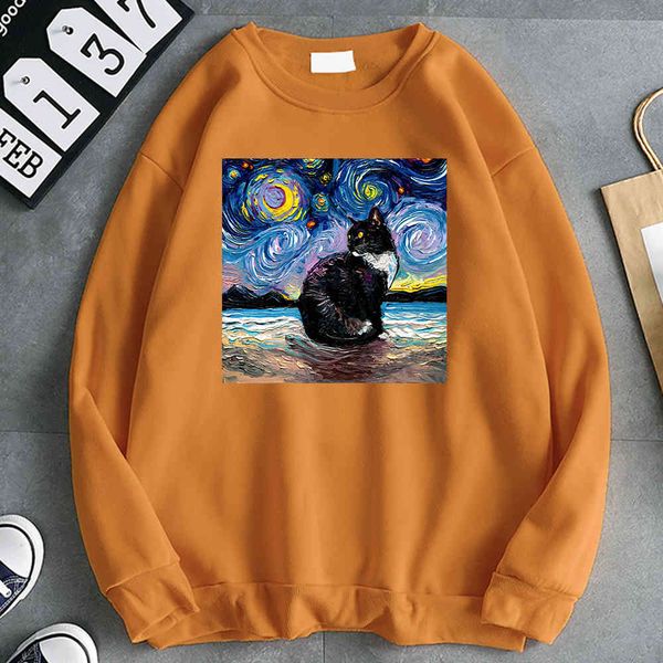 

men's hoodie, cat print and oil painting, men's autumn coat, soft wool, round neck, retro animation style, Black