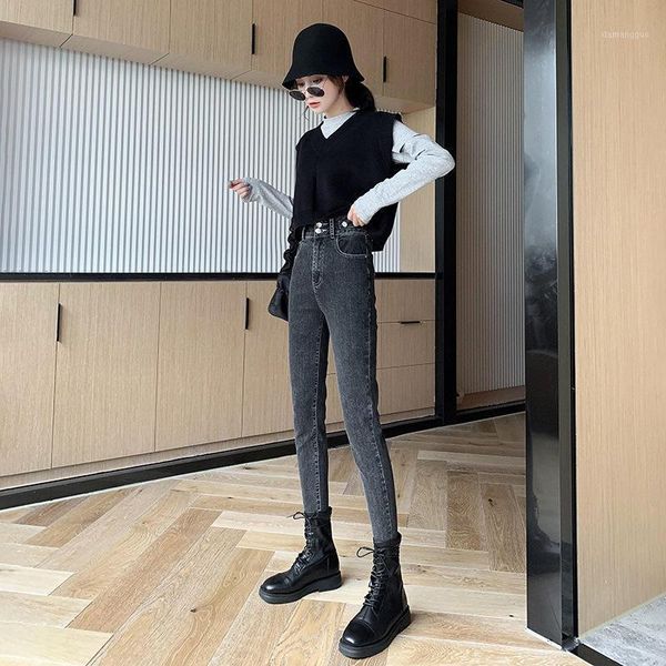 

women's jeans women's pants autumn solid color korean style cotton fashion buttons high waist slim casual women, Blue