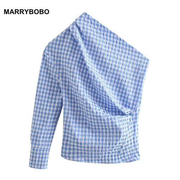 

women's blouses & shirts elegant plaid print office blouse shirt women summer long sleeve slim 2021 off shoulder asymmetric, White