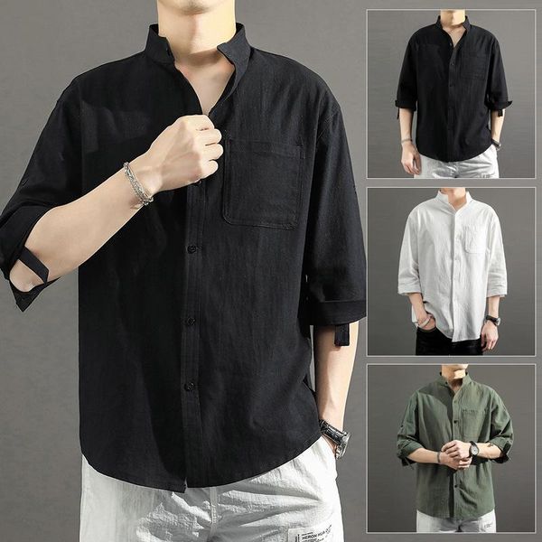 

mens clothing 2021 spring plus size men's cotton linen three-quarter sleeve shirt casual short-sleeved shirts, White;black