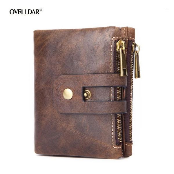 

wallets short male genuine leather wallet coin purse money bag multifunctional with double zipper buckle pocket1, Red;black