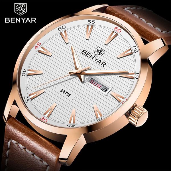 

wristwatches benyar fashion simple quartz watch men calendar mens wristwatch waterproof gold hands hours reloj hombre 2021, Slivery;brown