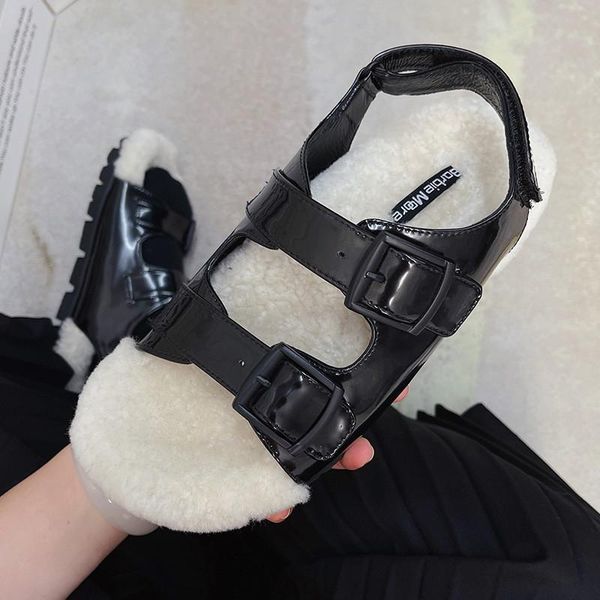 

sandals 2021 women's shoes leather comfortable lamb hair open-toe flat-bottom buckle fashionable wool, Black