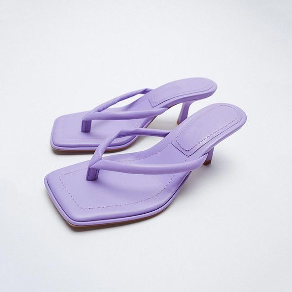 

slippers casual thin strap flip flops stiletto heels sandals and women square toe high-heeled elegant purple slides, Black