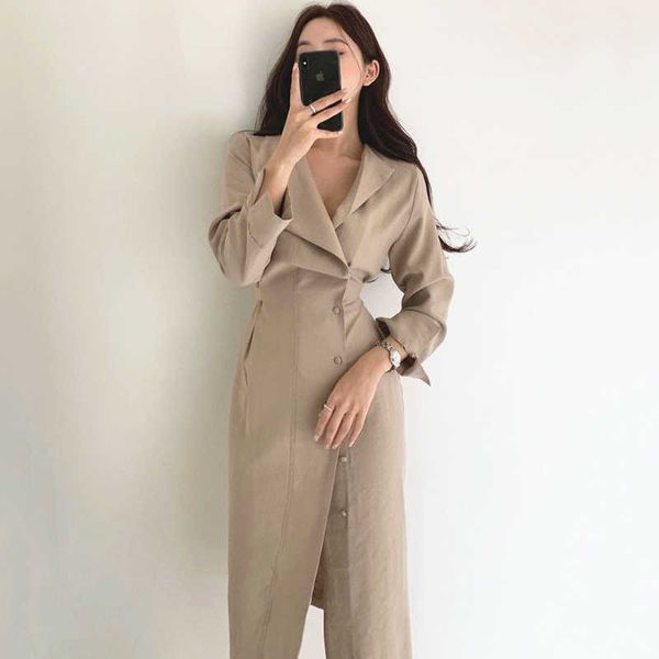 

temperament minimalism slim a line long sleeve lapel bandage high waist side single-breasted dress women mid casual retro autumn 210610, Black;gray