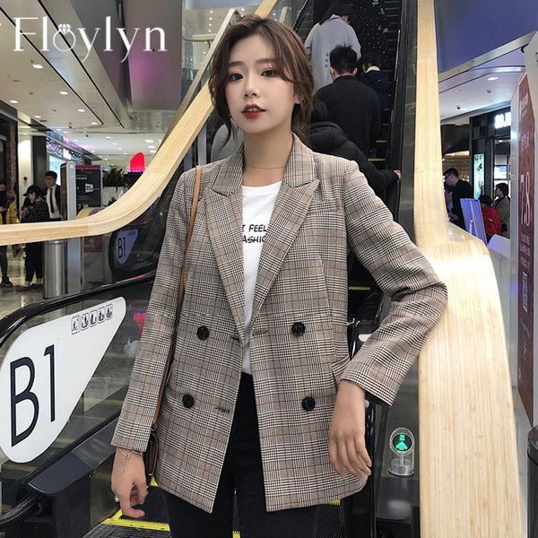 

women's suits & blazers casual plaid notched collar women blazer jacket chic double breasted full sleeve female jackets outerwear 2021, White;black