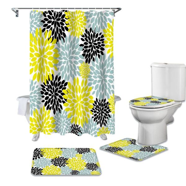 

shower curtains yellow dahlia geometry curtain sets non-slip rugs toilet lid cover and bath mat waterproof bathroom