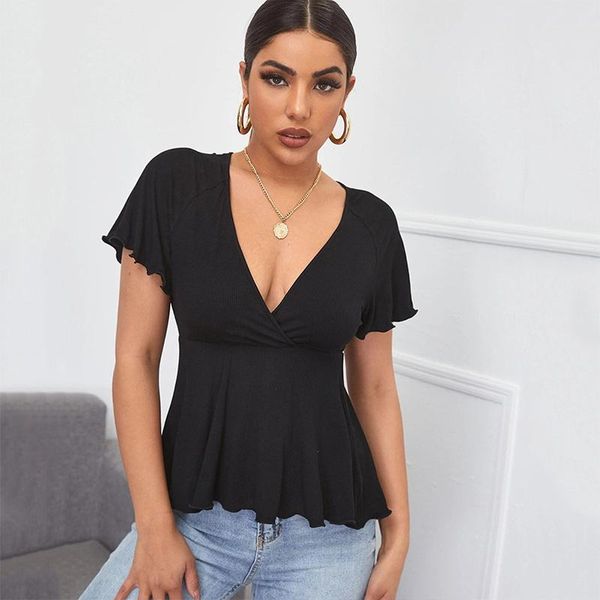 

v-neck t-shirt elastic knitted ruched short sleeve hem ruffle design black t shirts office ladies summer women's, White