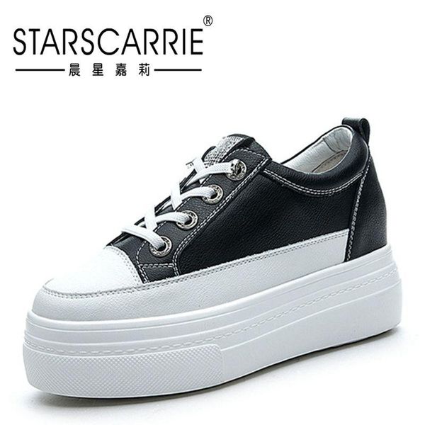 

spring two layer cow hide thick sole small white shoes women's inner high korean breathable muffin dress, Black