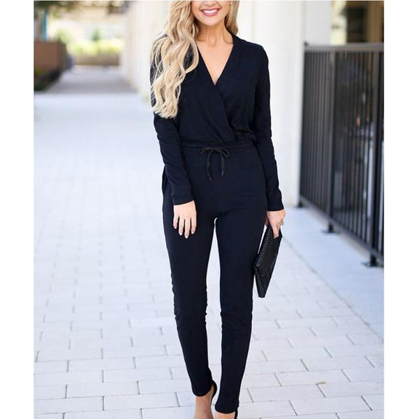 

women's jumpsuits & rompers autumn v neck jumpsuit for women sashes long sleeve high waist loose trouser with belt fashion vintage, Black;white