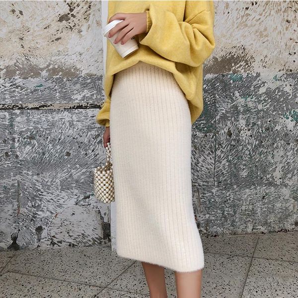 

skirts autumn and winter style lint-mink knitted skirt split bag hip step, Black