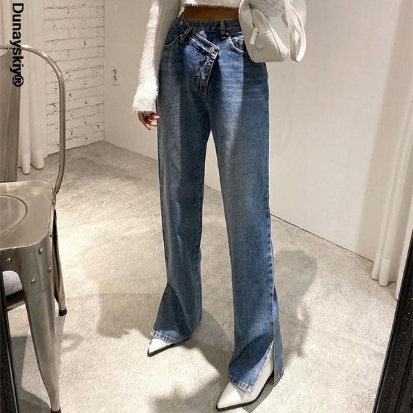

women's jeans casual asymmetric high waist straight for women side split denim blue trousers female long pantalon femme
