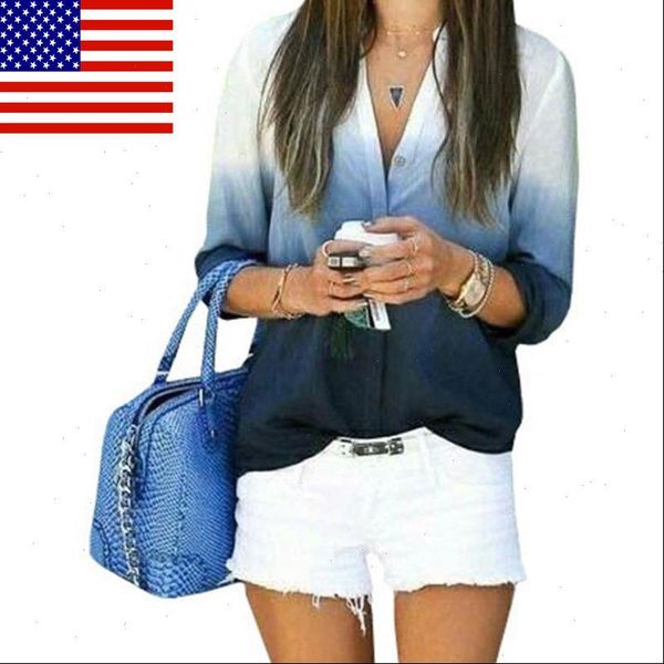 

v neck loose gradient women shirt color summer soft long sleeve casual blouse, White