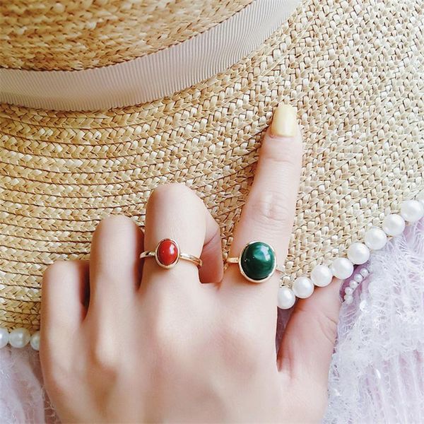 

wedding rings korea retro simple design red green round gemstone ring for women girl party christmas gift anillos mujer bague anel bijoux, Slivery;golden