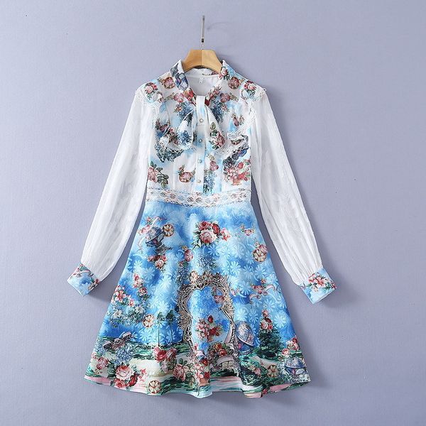 

dresses european and american women's clothing spring 2021 long sleeve bow collar fashionable patchwork court jacquard print dress maxe, Black;gray