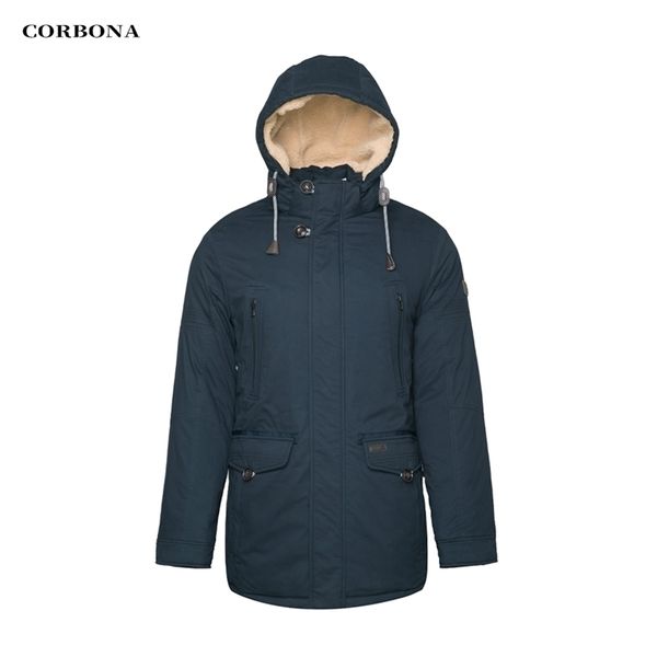 CORBONA Hochwertige warme Baumwollkleidung Herrenjacke Business Casual Mittellanger Mode verdickter Mantel Lammwolle in Hut 211214