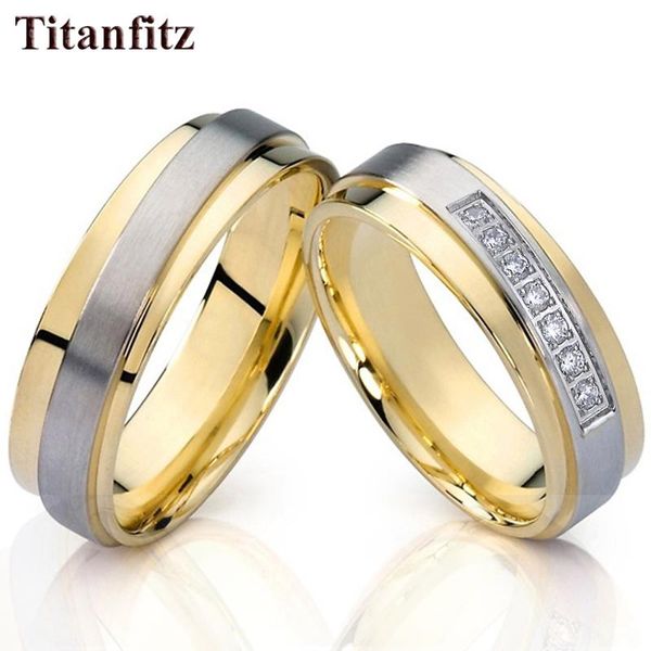 

cluster rings love alliances gold color marriage wedding set for couples men and women proposal promise cz stainless steel jewelry, Golden;silver
