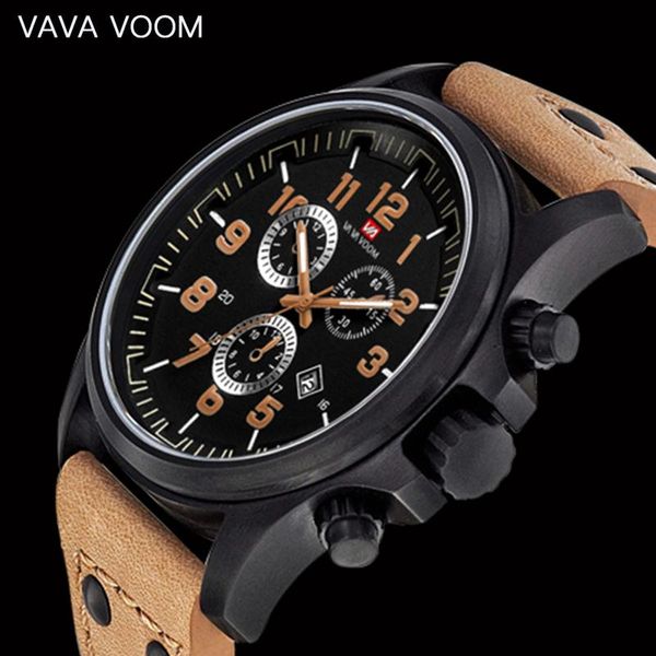 

wristwatches vava voom men's quartz wrist watches military leather waterproof watch white gold luxury round men relogio masculino, Slivery;brown