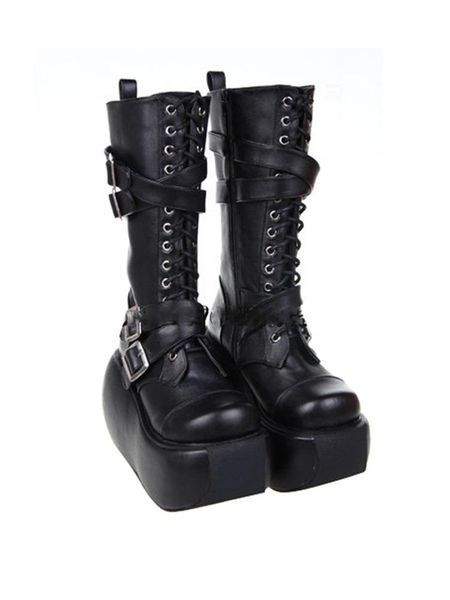 

angelic imprint handmade women motorcycle cool punk boots lady lolita shoes woman gothic high round heels pumps straps 33-47, Black