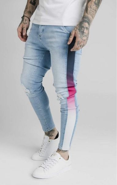 

men's jeans siksilk burst knee low rise striped for men, Blue