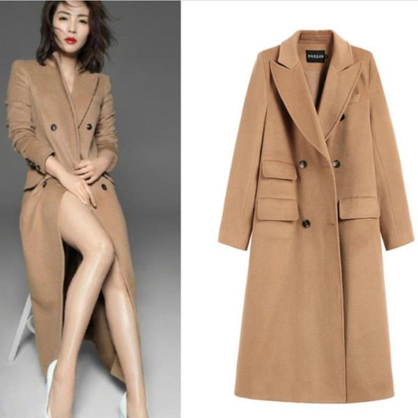 

women's wool & blends fashion autumn winter double breasted turn down collar office lady women slim woolen coat, Black