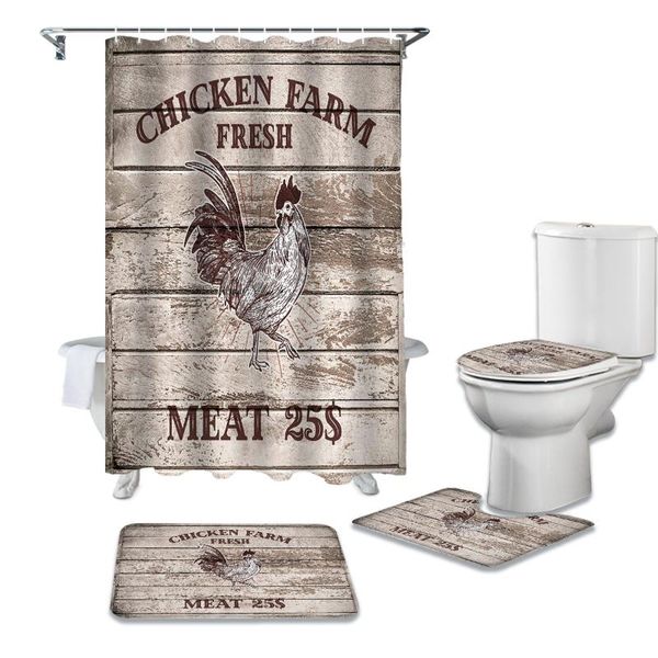 

shower curtains farm wood grain vintage cock curtain sets non-slip rugs toilet lid cover and bath mat waterproof bathroom