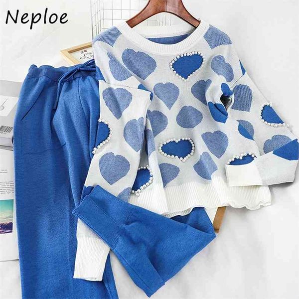 

neploe sweet suit chic beading love heart pattern loose pullovers harem ankle-length pants autumn winter knitted 2 piece set 210423, White
